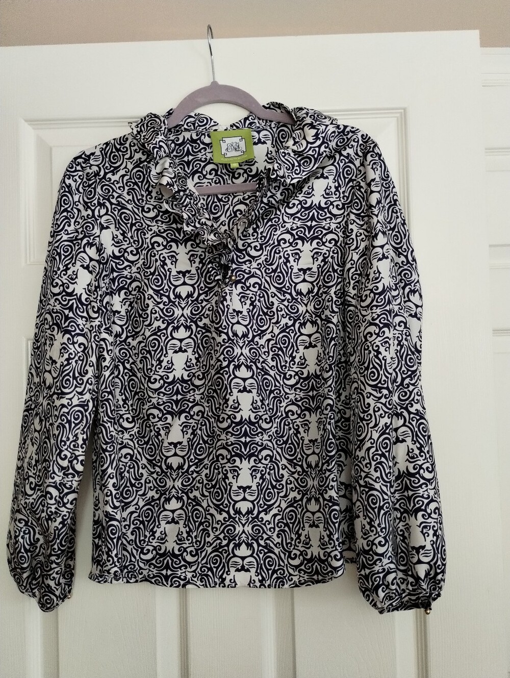 Elizabeth McKay Navy and White Animal Print Silk Blouse 8